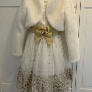 Rare Editions White and Gold Sparkle Tulle Dress with Faux Fur Bolero